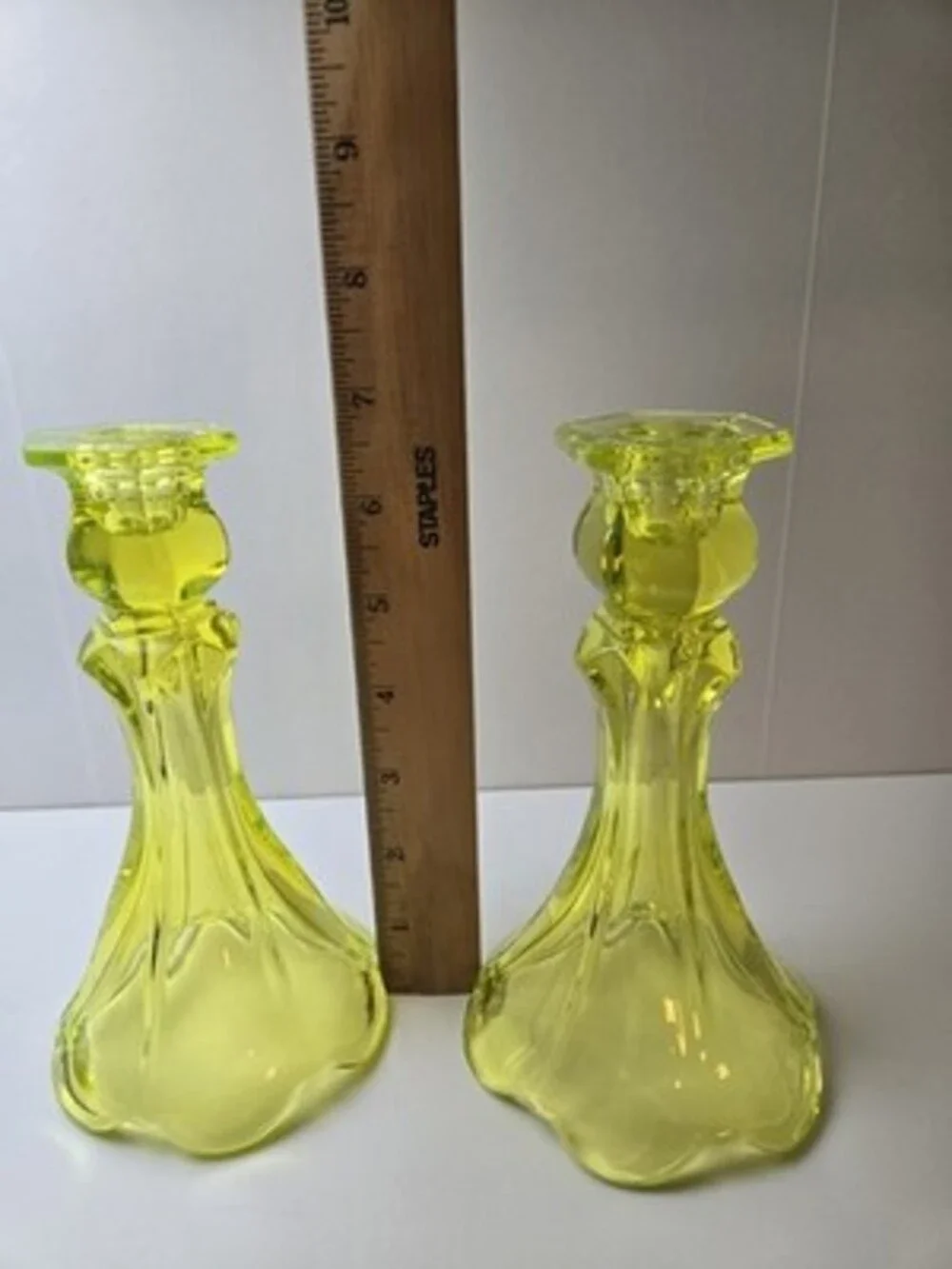 Vaseline Uranium Glass Candlestick Pair 